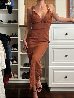 Zara Rust Brown Maxi Dress with Gold Hardware